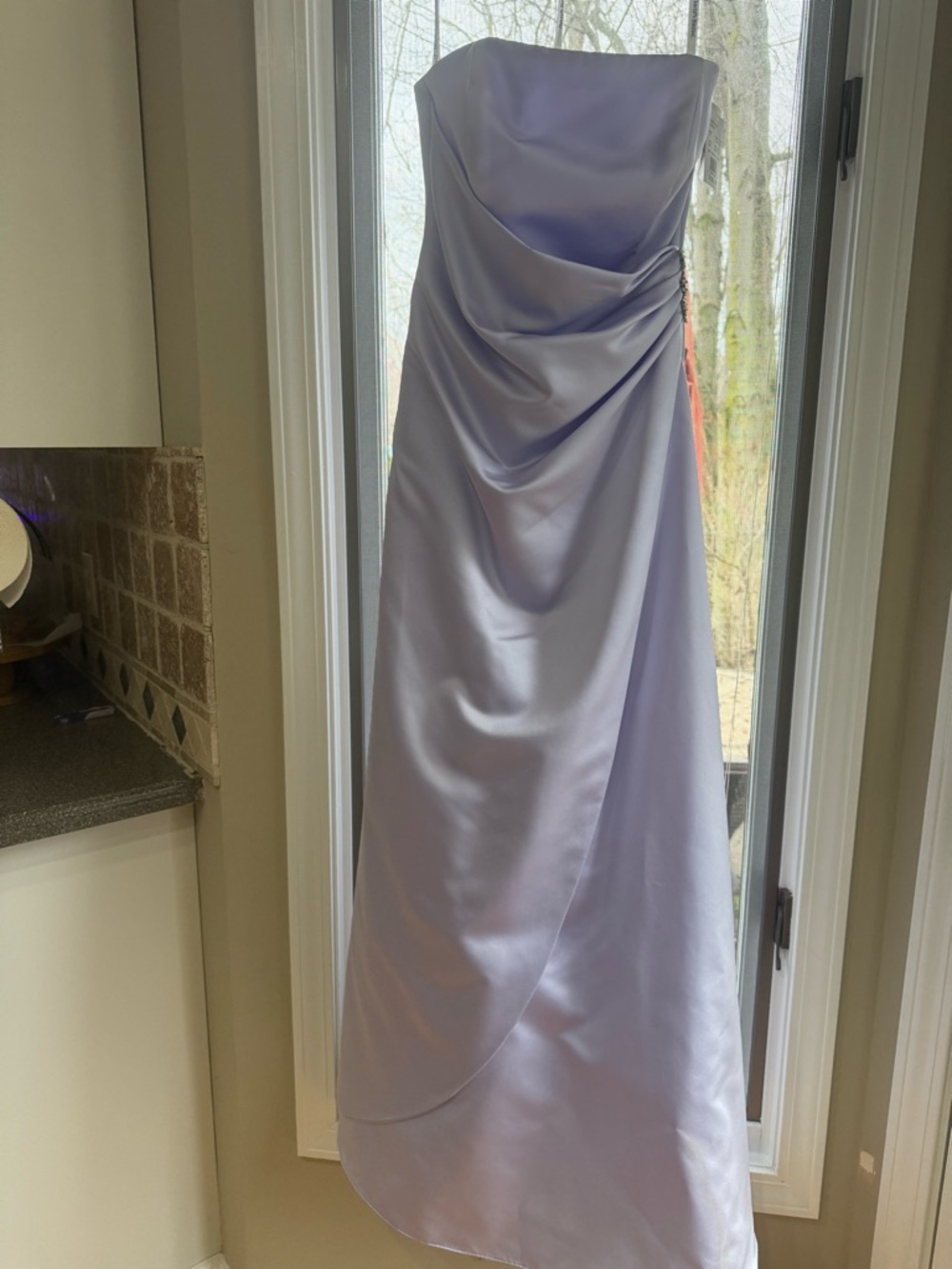 David's Bridal Strapless Lavender Satin Prom Dress